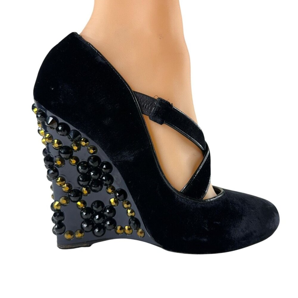 LOUIS VUITTON Wedge Pumps Heel Beaded Velvet Black Size EU 36/US 5.5 Cross Strap - Picture 8 of 17